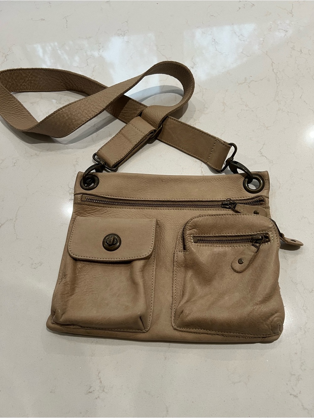 Roots Taupe Leather Crossbody Shoulder Bag